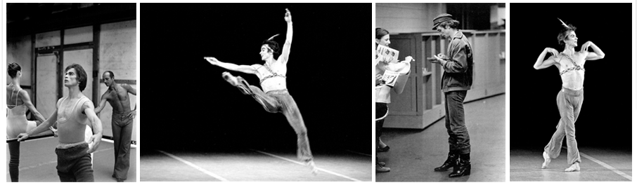 sample photographs: (1) nureyev at the barre; (2) nureyev leaping in "le corsaire"; (3) nureyev backstage, signing autographs; (4) nureyev poses in "le corsaire"